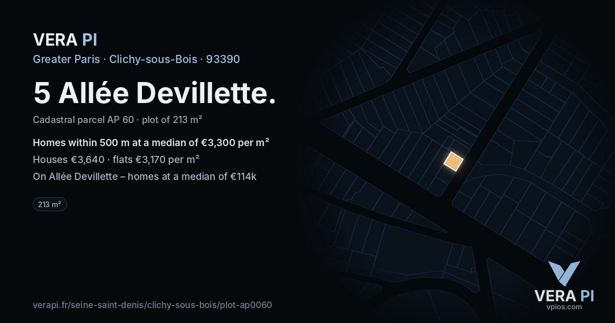 5 Allée Devillette, Clichy-sous-Bois at night – the plot lit, the parcels around coloured by the prices near them