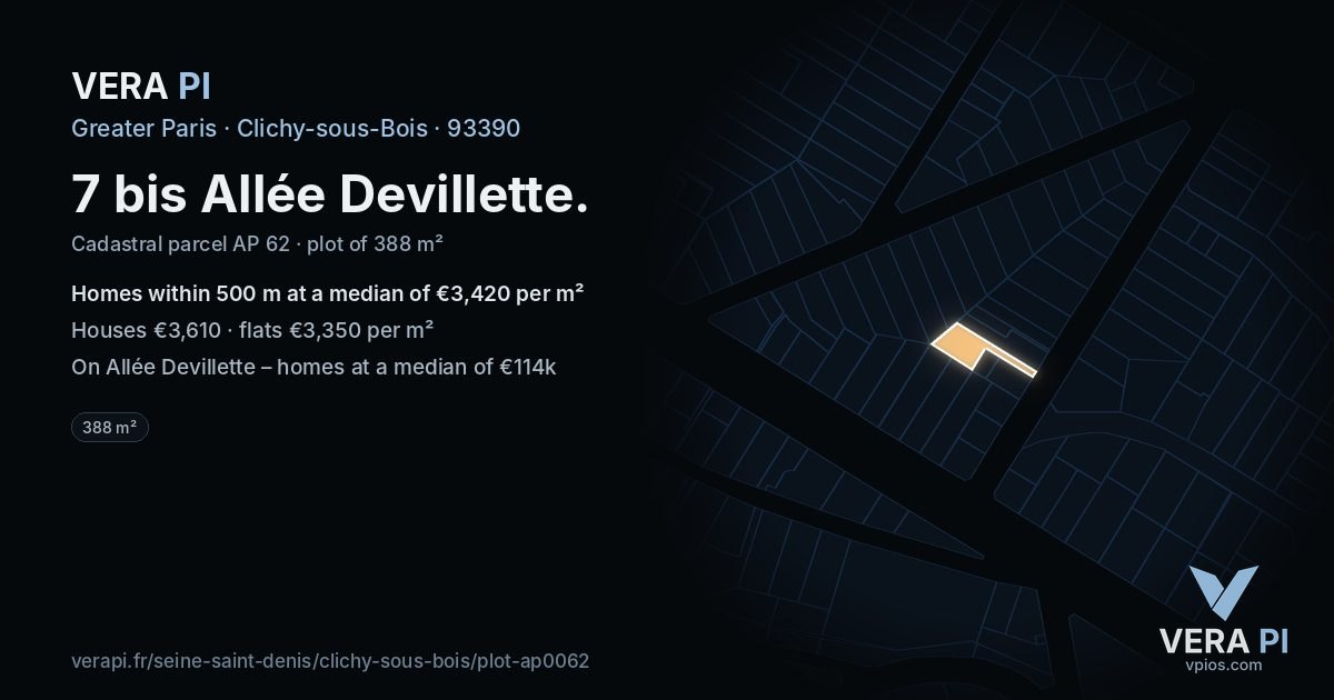 7 bis Allée Devillette, Clichy-sous-Bois at night – the plot lit, the parcels around coloured by the prices near them