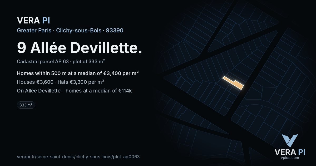 9 Allée Devillette, Clichy-sous-Bois at night – the plot lit, the parcels around coloured by the prices near them