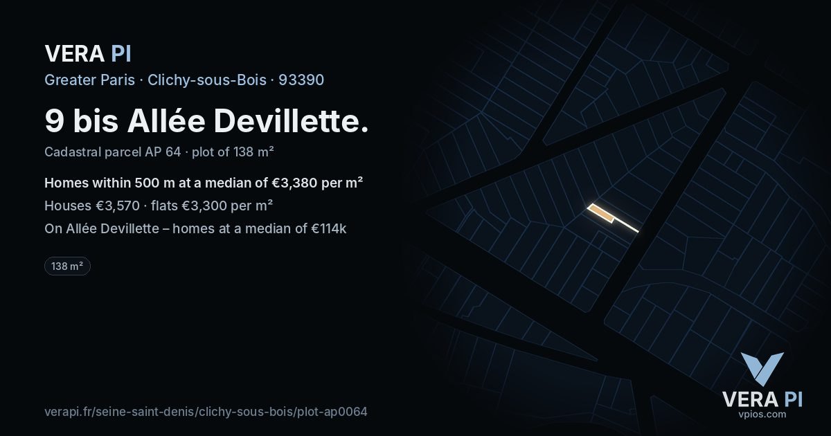 9 bis Allée Devillette, Clichy-sous-Bois at night – the plot lit, the parcels around coloured by the prices near them