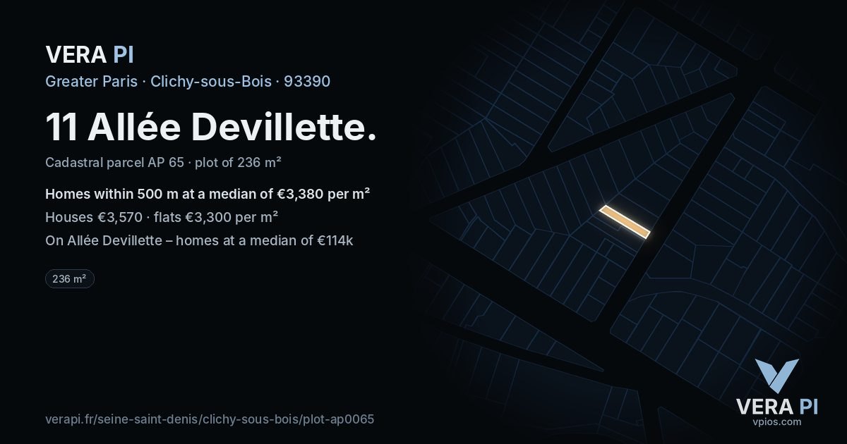 11 Allée Devillette, Clichy-sous-Bois at night – the plot lit, the parcels around coloured by the prices near them