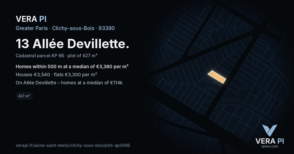 13 Allée Devillette, Clichy-sous-Bois at night – the plot lit, the parcels around coloured by the prices near them