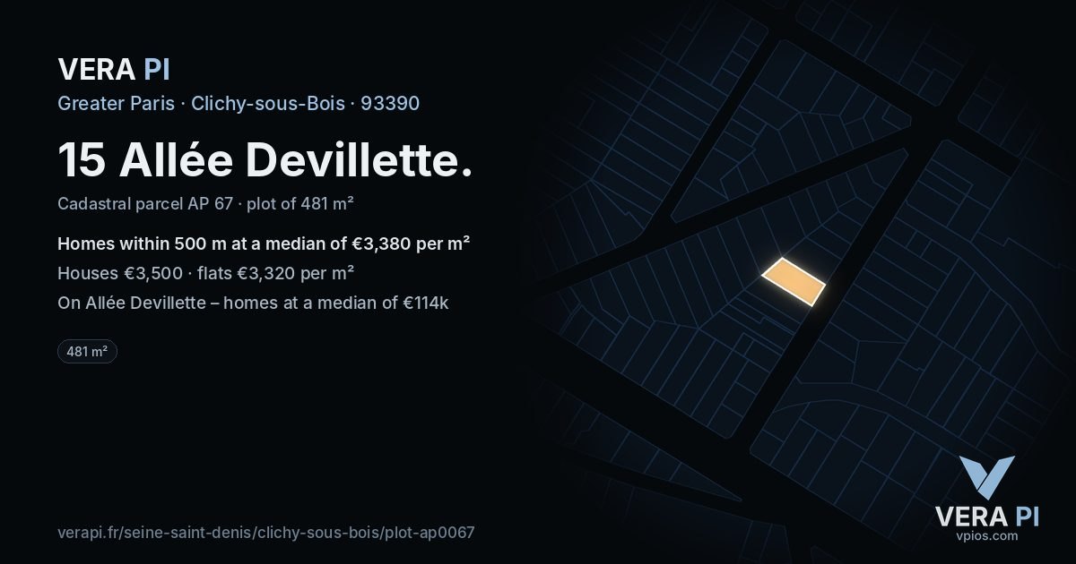 15 Allée Devillette, Clichy-sous-Bois at night – the plot lit, the parcels around coloured by the prices near them