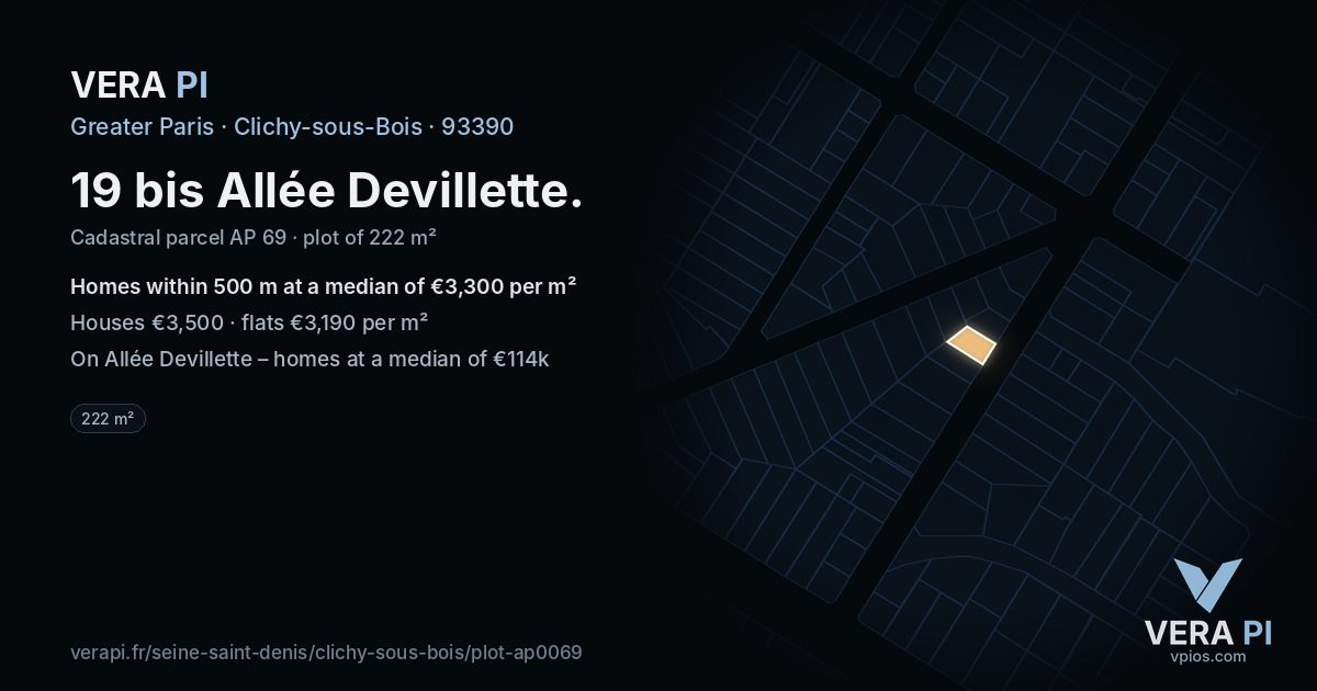 19 bis Allée Devillette, Clichy-sous-Bois at night – the plot lit, the parcels around coloured by the prices near them