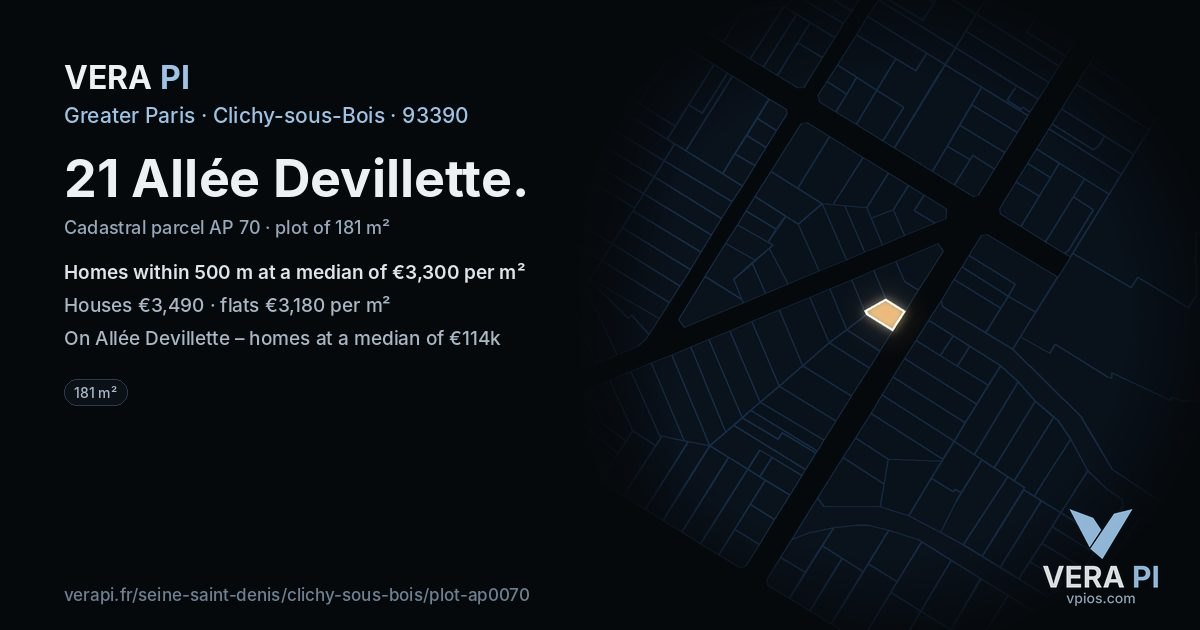 21 Allée Devillette, Clichy-sous-Bois at night – the plot lit, the parcels around coloured by the prices near them