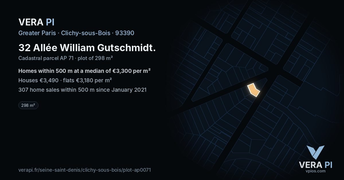 32 Allée William Gutschmidt, Clichy-sous-Bois at night – the plot lit, the parcels around coloured by the prices near them