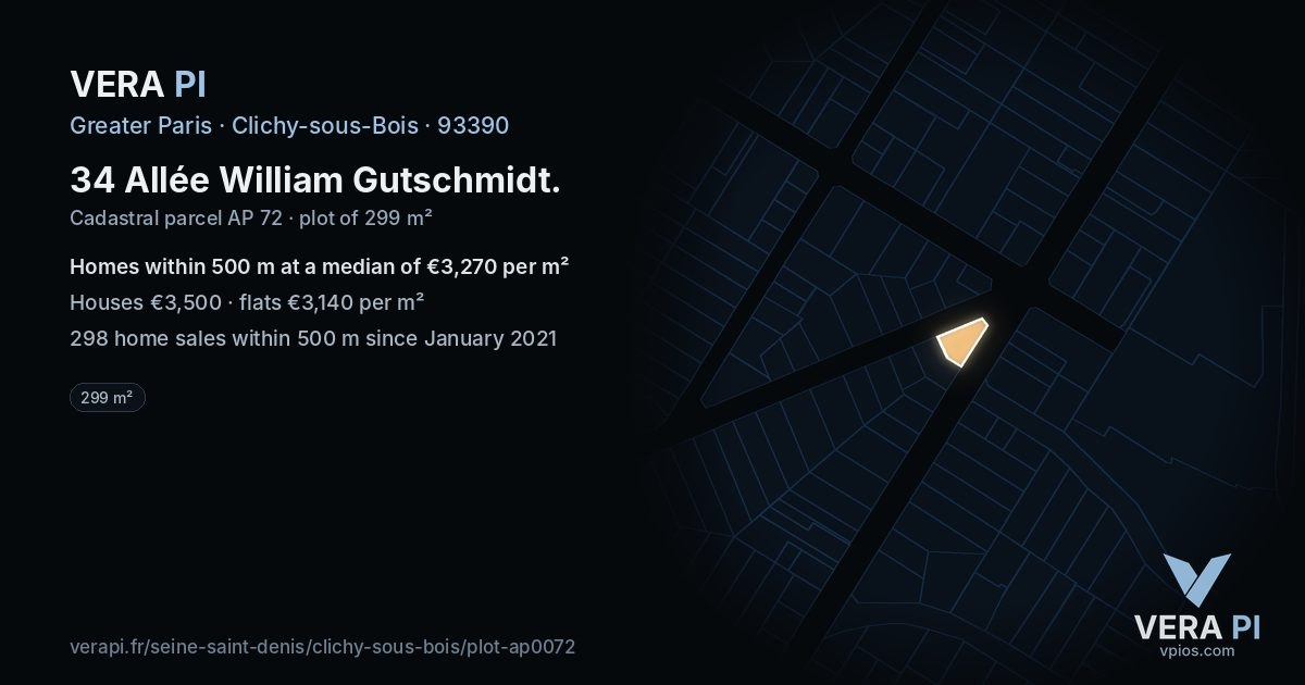 34 Allée William Gutschmidt, Clichy-sous-Bois at night – the plot lit, the parcels around coloured by the prices near them