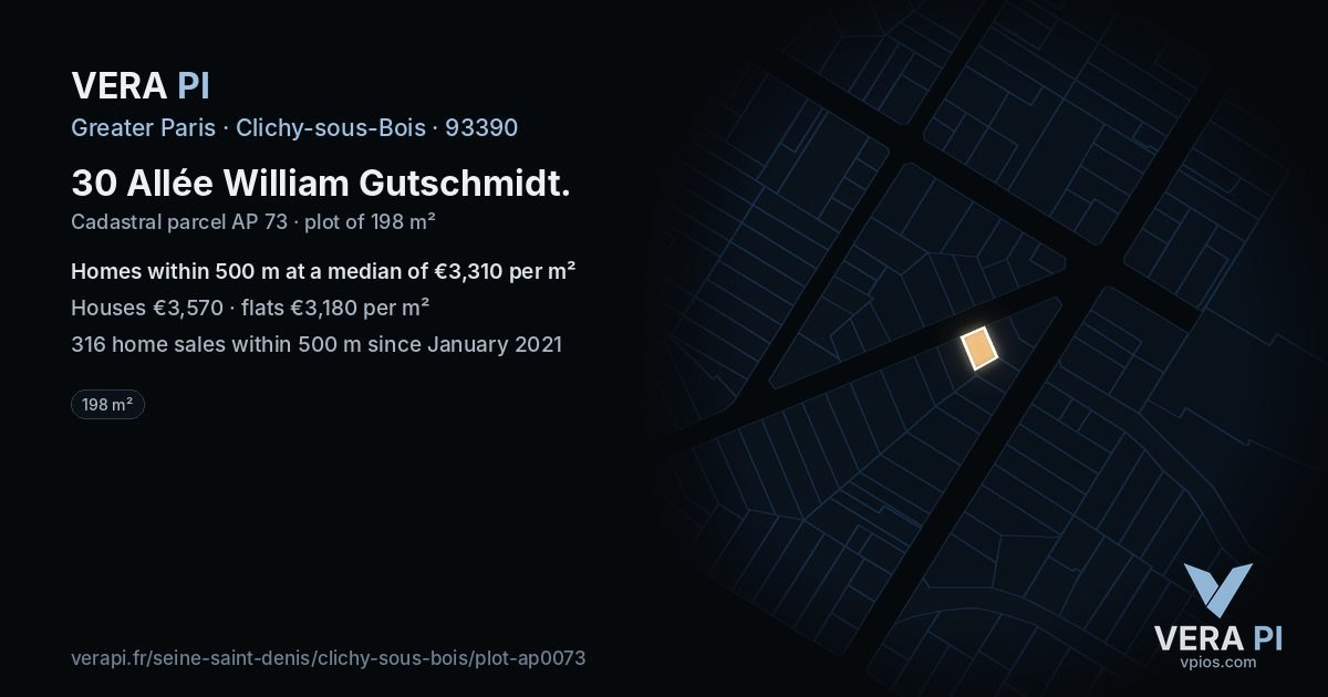 30 Allée William Gutschmidt, Clichy-sous-Bois at night – the plot lit, the parcels around coloured by the prices near them