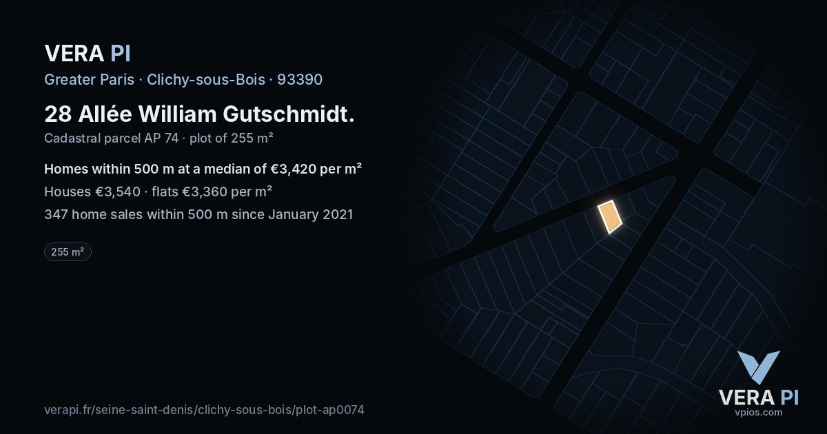 28 Allée William Gutschmidt, Clichy-sous-Bois at night – the plot lit, the parcels around coloured by the prices near them