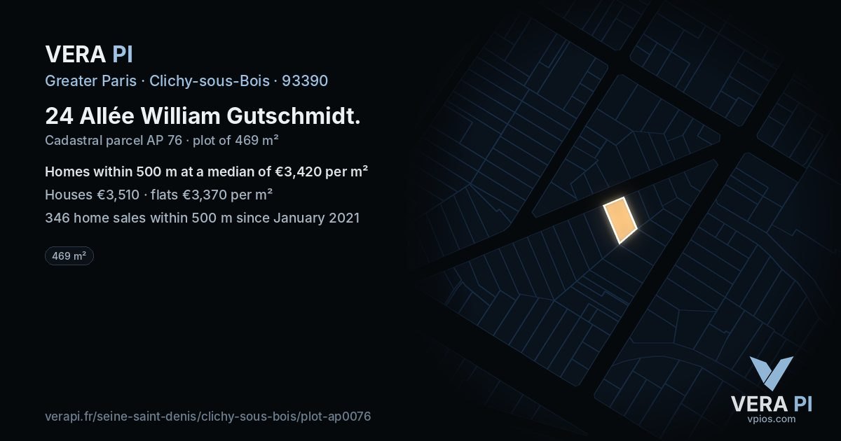 24 Allée William Gutschmidt, Clichy-sous-Bois at night – the plot lit, the parcels around coloured by the prices near them