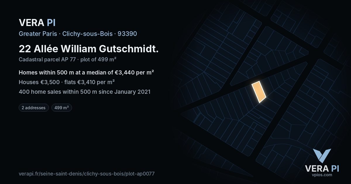 22 Allée William Gutschmidt, Clichy-sous-Bois at night – the plot lit, the parcels around coloured by the prices near them
