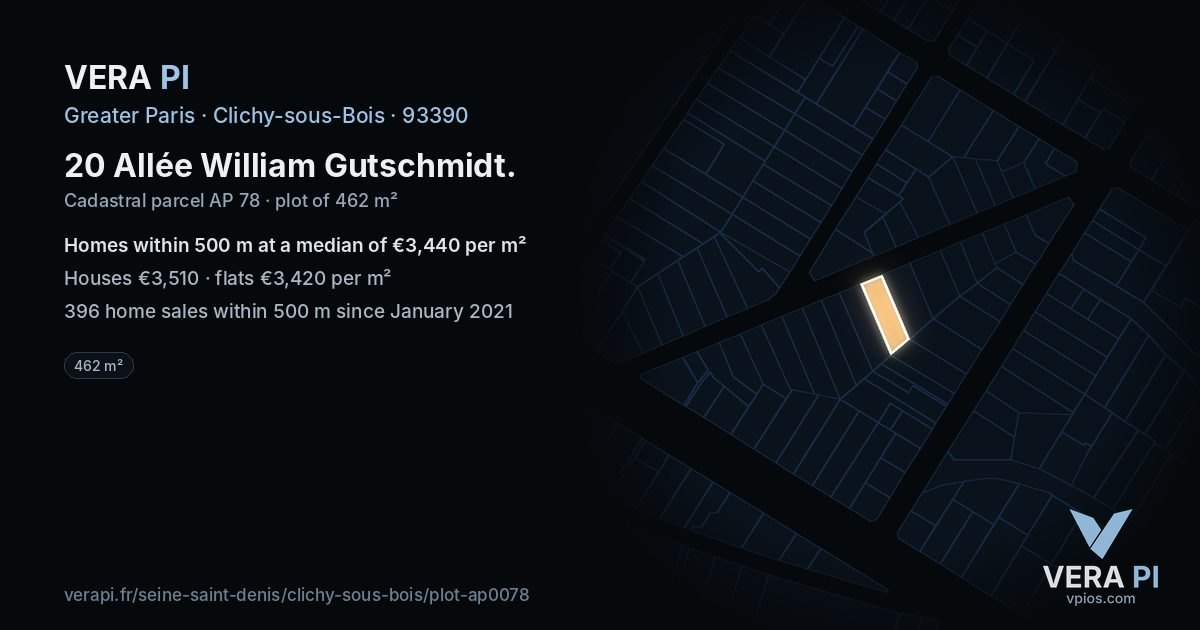 20 Allée William Gutschmidt, Clichy-sous-Bois at night – the plot lit, the parcels around coloured by the prices near them