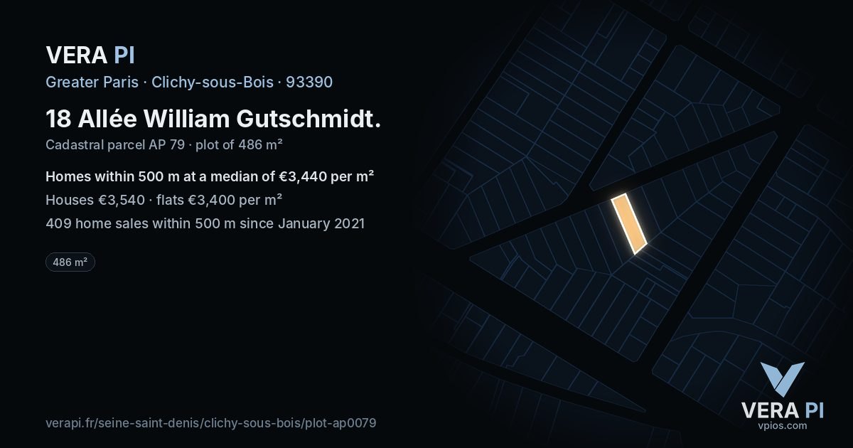 18 Allée William Gutschmidt, Clichy-sous-Bois at night – the plot lit, the parcels around coloured by the prices near them