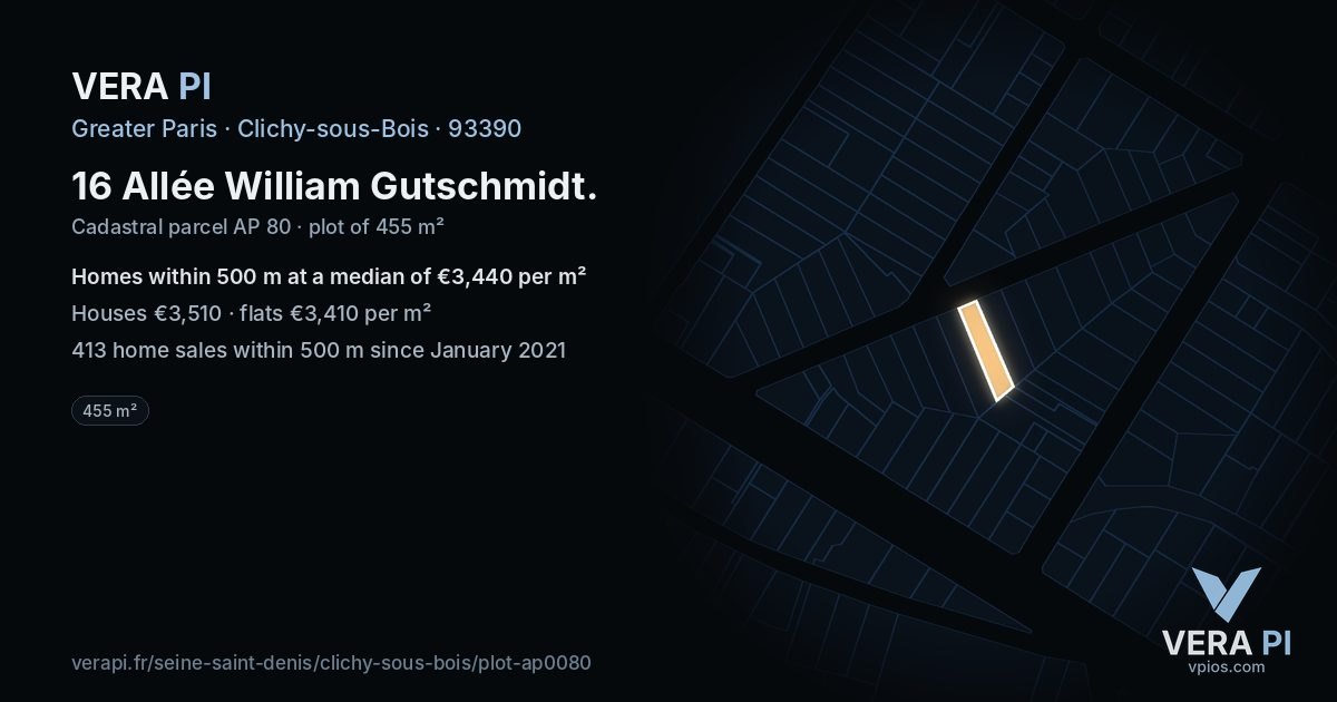 16 Allée William Gutschmidt, Clichy-sous-Bois at night – the plot lit, the parcels around coloured by the prices near them