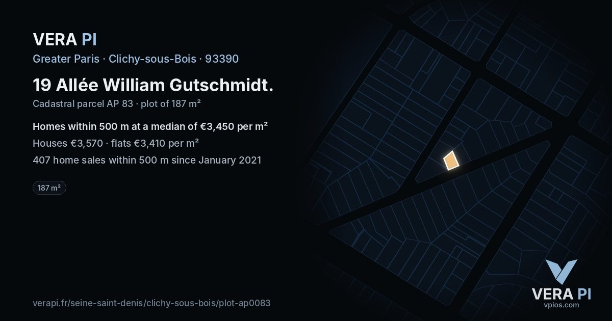 19 Allée William Gutschmidt, Clichy-sous-Bois at night – the plot lit, the parcels around coloured by the prices near them