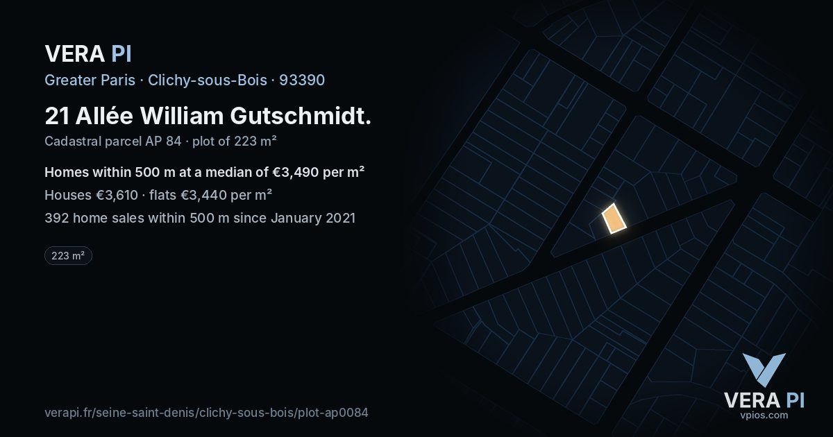 21 Allée William Gutschmidt, Clichy-sous-Bois at night – the plot lit, the parcels around coloured by the prices near them