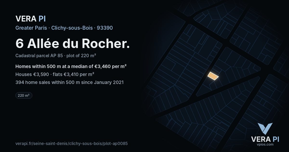 6 Allée du Rocher, Clichy-sous-Bois at night – the plot lit, the parcels around coloured by the prices near them