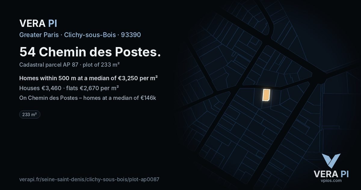 54 Chemin des Postes, Clichy-sous-Bois at night – the plot lit, the parcels around coloured by the prices near them