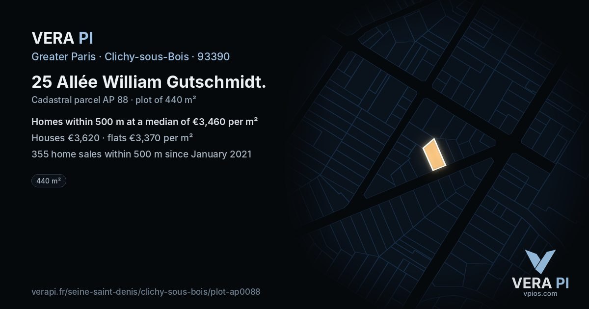 25 Allée William Gutschmidt, Clichy-sous-Bois at night – the plot lit, the parcels around coloured by the prices near them