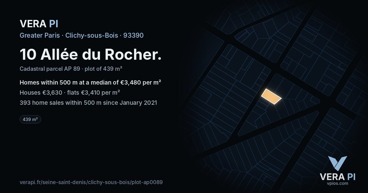 10 Allée du Rocher, Clichy-sous-Bois at night – the plot lit, the parcels around coloured by the prices near them