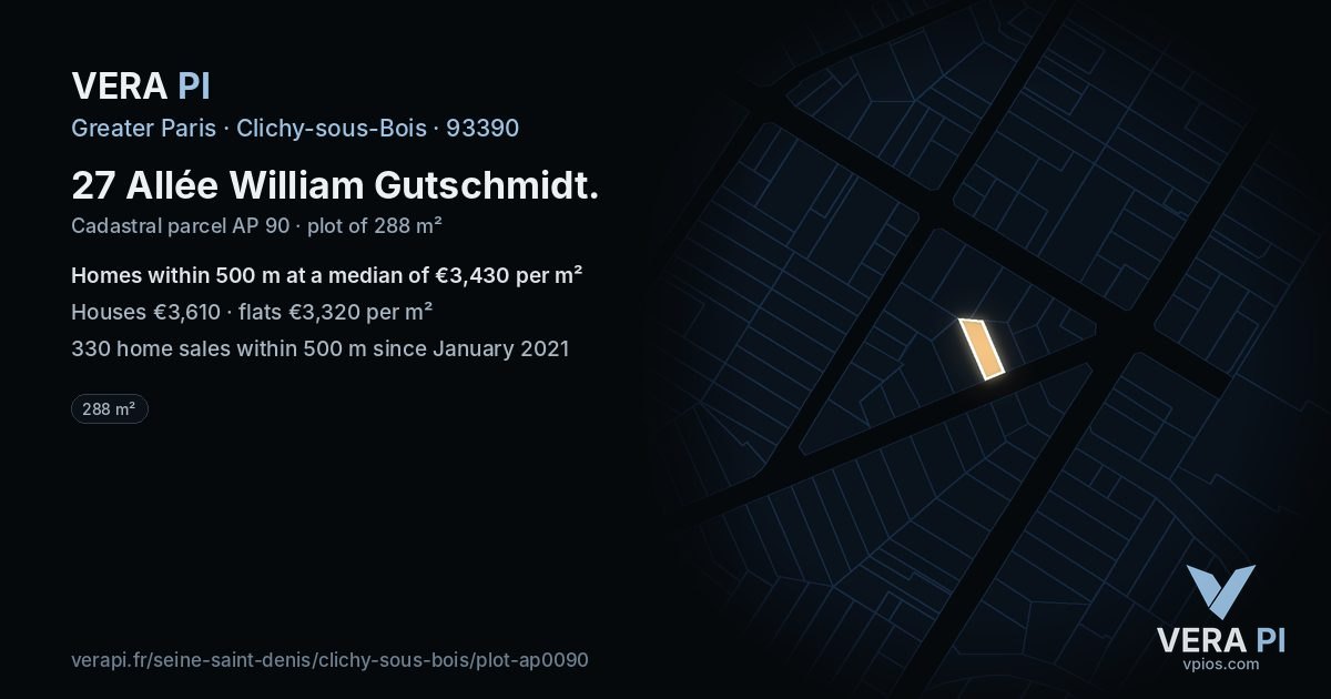 27 Allée William Gutschmidt, Clichy-sous-Bois at night – the plot lit, the parcels around coloured by the prices near them