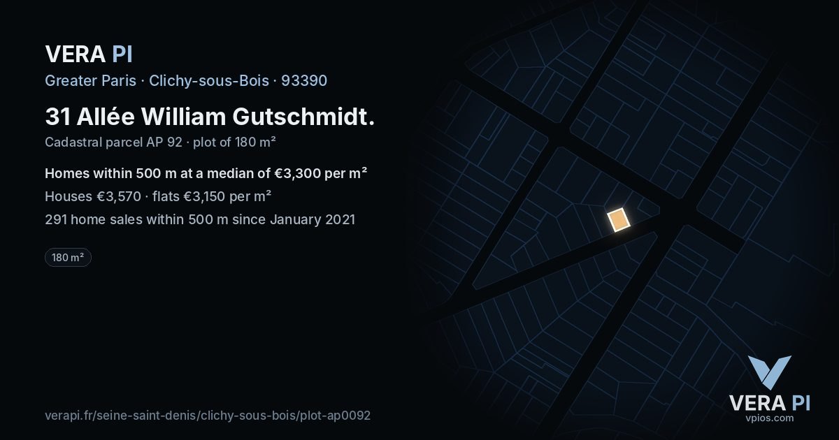 31 Allée William Gutschmidt, Clichy-sous-Bois at night – the plot lit, the parcels around coloured by the prices near them