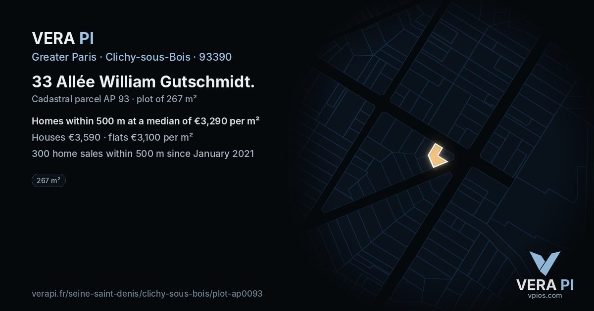 33 Allée William Gutschmidt, Clichy-sous-Bois at night – the plot lit, the parcels around coloured by the prices near them