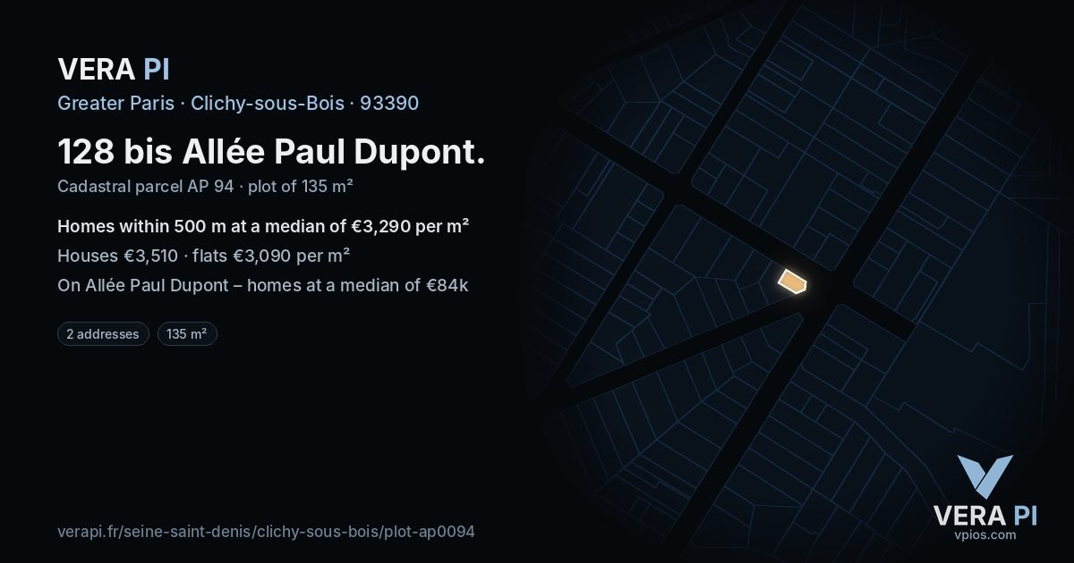 128 bis Allée Paul Dupont, Clichy-sous-Bois at night – the plot lit, the parcels around coloured by the prices near them