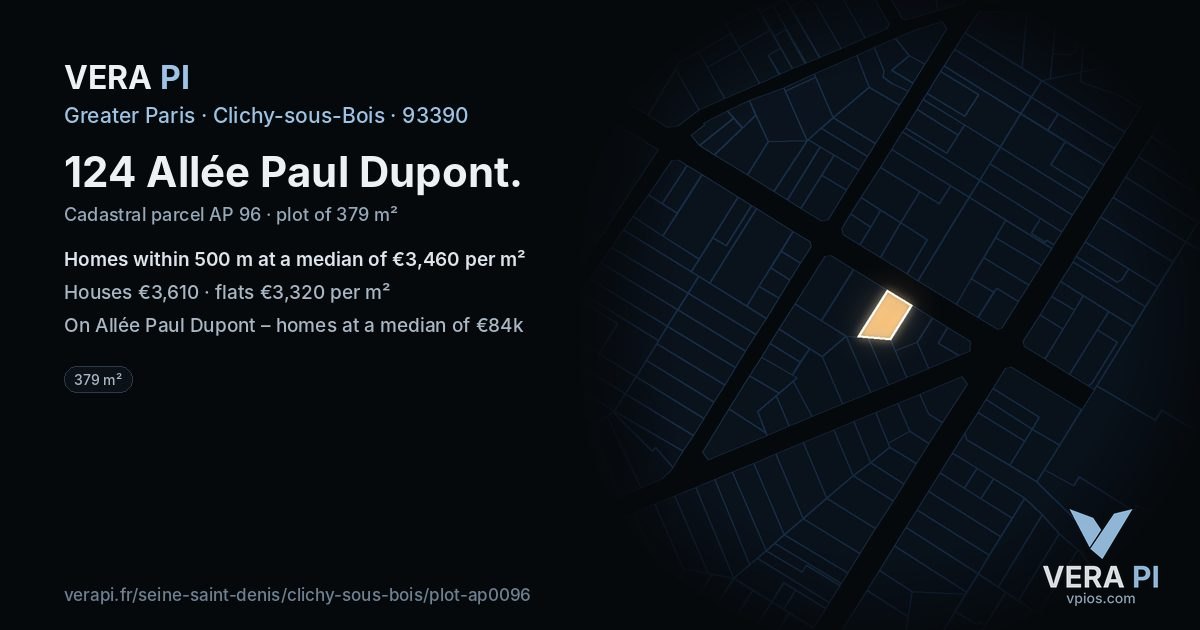 124 Allée Paul Dupont, Clichy-sous-Bois at night – the plot lit, the parcels around coloured by the prices near them