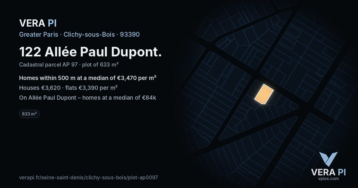 122 Allée Paul Dupont, Clichy-sous-Bois at night – the plot lit, the parcels around coloured by the prices near them