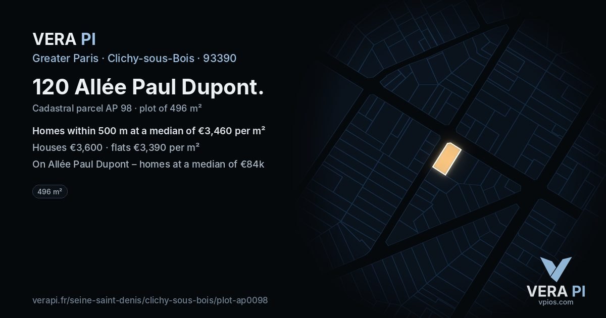 120 Allée Paul Dupont, Clichy-sous-Bois at night – the plot lit, the parcels around coloured by the prices near them