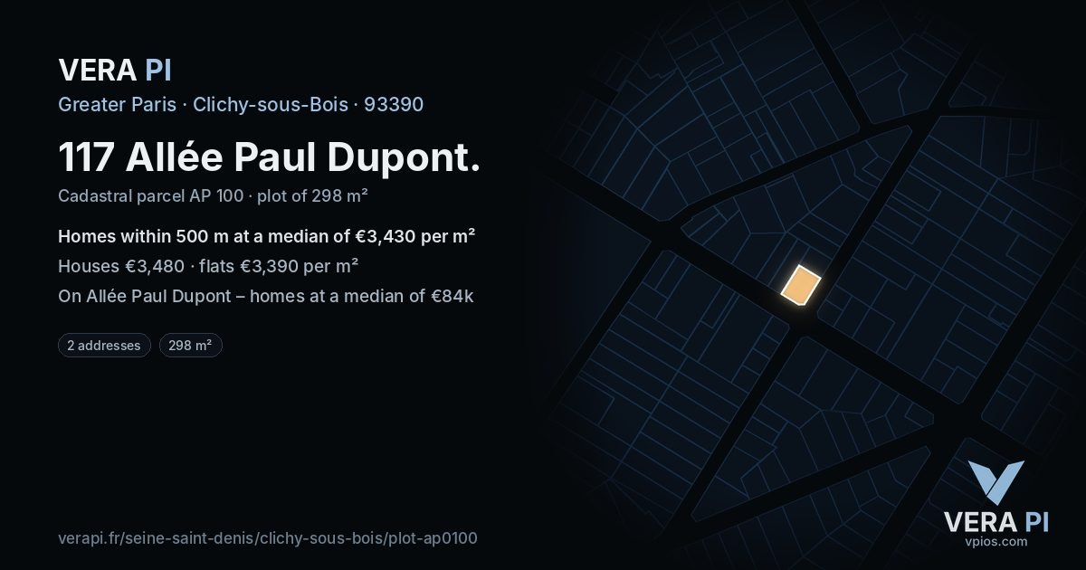 117 Allée Paul Dupont, Clichy-sous-Bois at night – the plot lit, the parcels around coloured by the prices near them