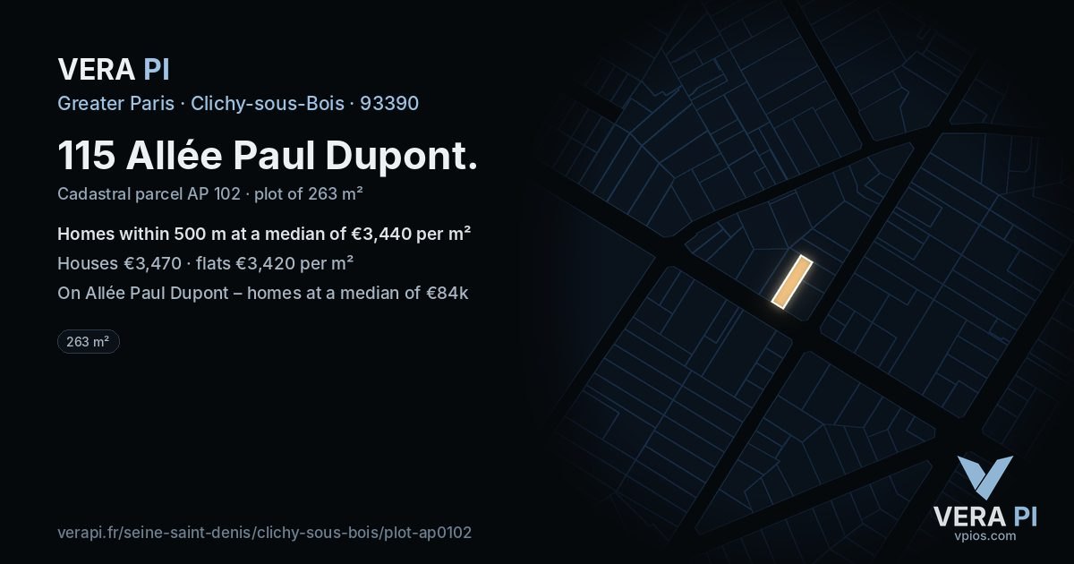 115 Allée Paul Dupont, Clichy-sous-Bois at night – the plot lit, the parcels around coloured by the prices near them