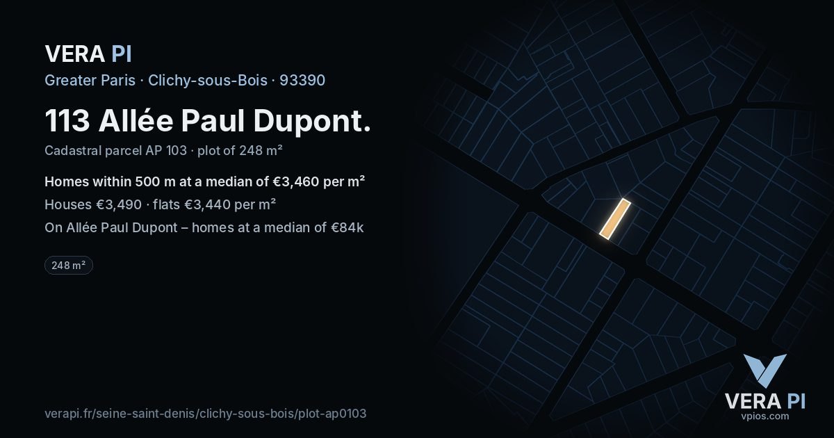113 Allée Paul Dupont, Clichy-sous-Bois at night – the plot lit, the parcels around coloured by the prices near them