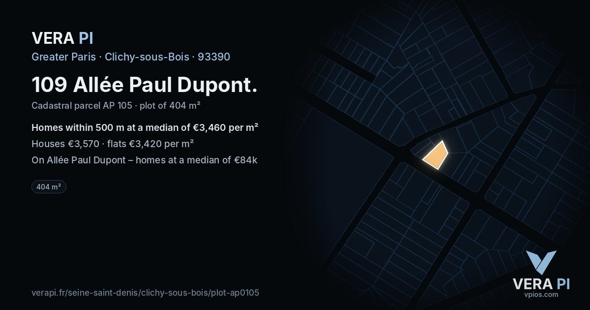 109 Allée Paul Dupont, Clichy-sous-Bois at night – the plot lit, the parcels around coloured by the prices near them