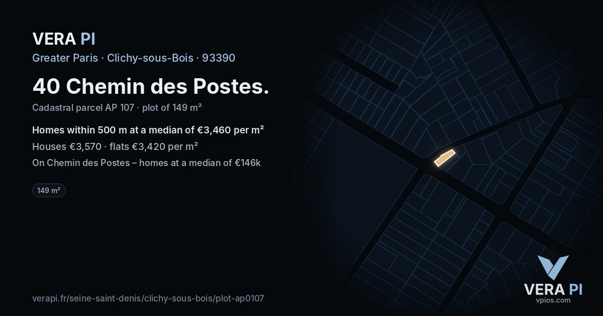 40 Chemin des Postes, Clichy-sous-Bois at night – the plot lit, the parcels around coloured by the prices near them