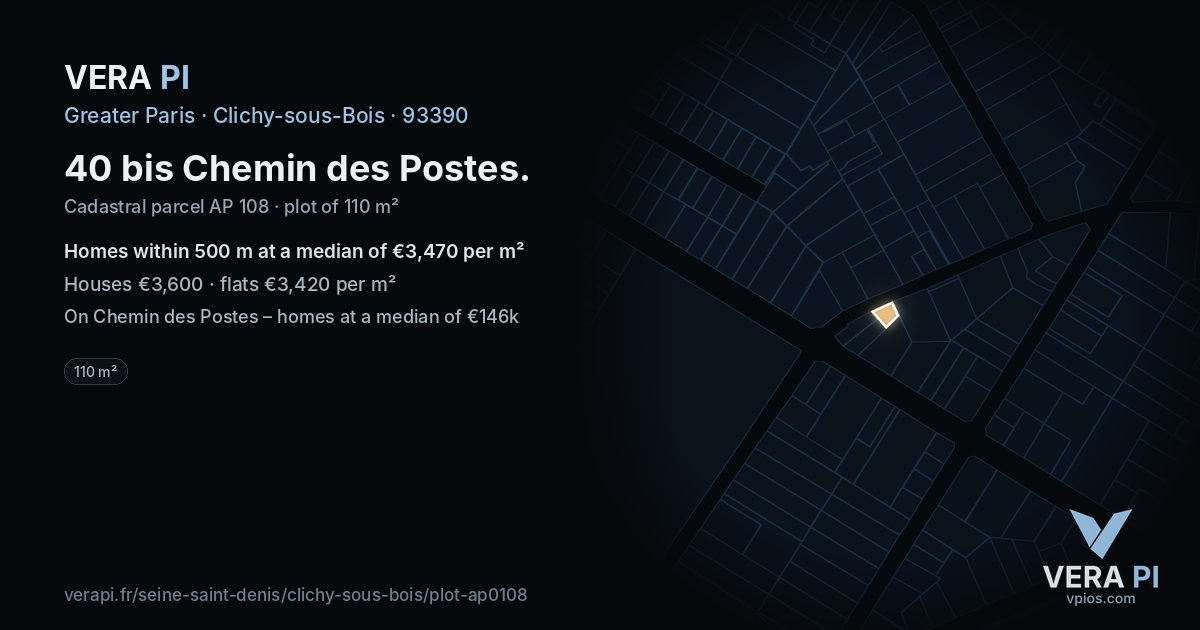 40 bis Chemin des Postes, Clichy-sous-Bois at night – the plot lit, the parcels around coloured by the prices near them
