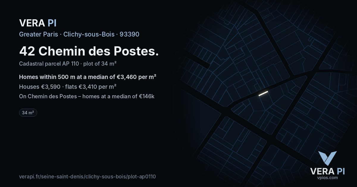 42 Chemin des Postes, Clichy-sous-Bois at night – the plot lit, the parcels around coloured by the prices near them