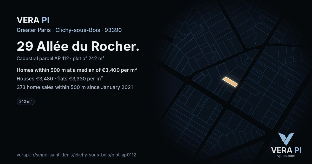29 Allée du Rocher, Clichy-sous-Bois at night – the plot lit, the parcels around coloured by the prices near them