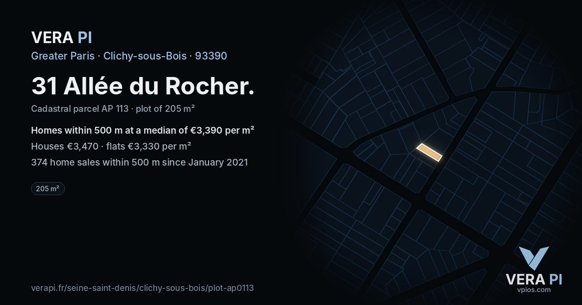 31 Allée du Rocher, Clichy-sous-Bois at night – the plot lit, the parcels around coloured by the prices near them