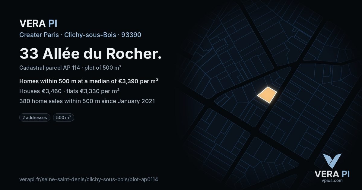 33 Allée du Rocher, Clichy-sous-Bois at night – the plot lit, the parcels around coloured by the prices near them