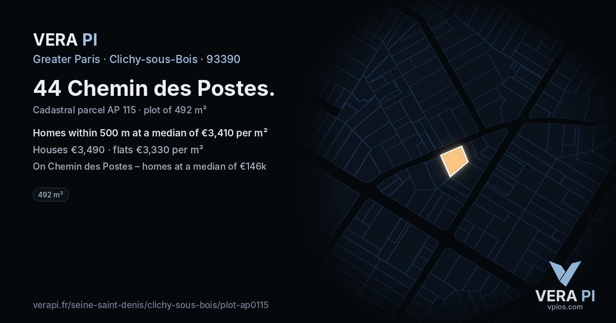 44 Chemin des Postes, Clichy-sous-Bois at night – the plot lit, the parcels around coloured by the prices near them