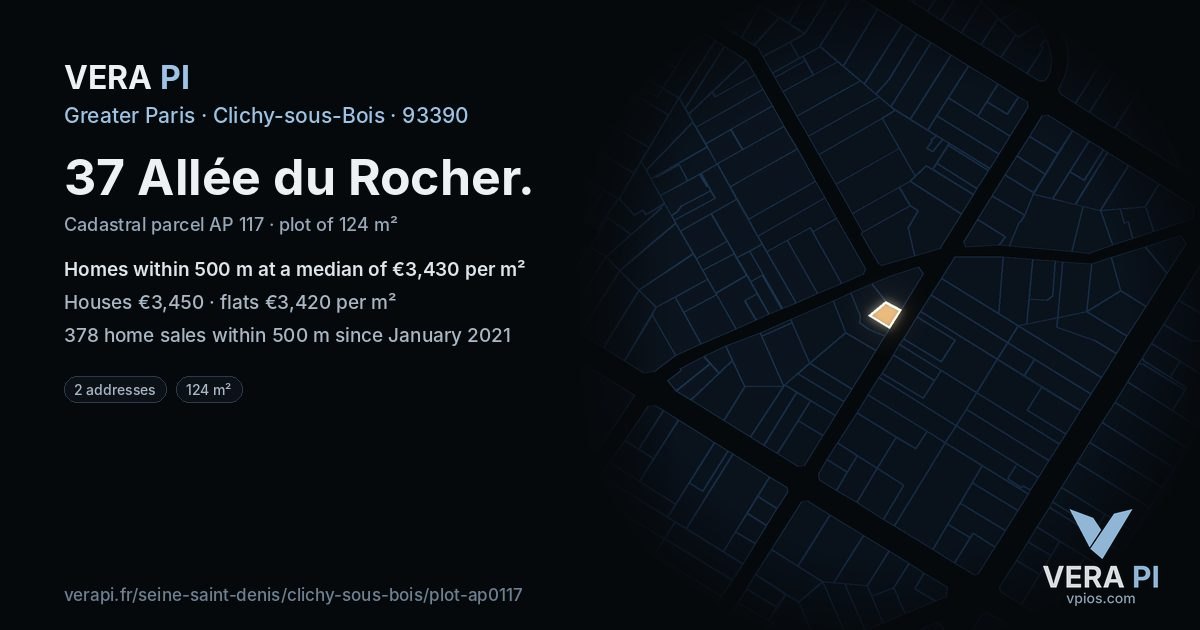37 Allée du Rocher, Clichy-sous-Bois at night – the plot lit, the parcels around coloured by the prices near them
