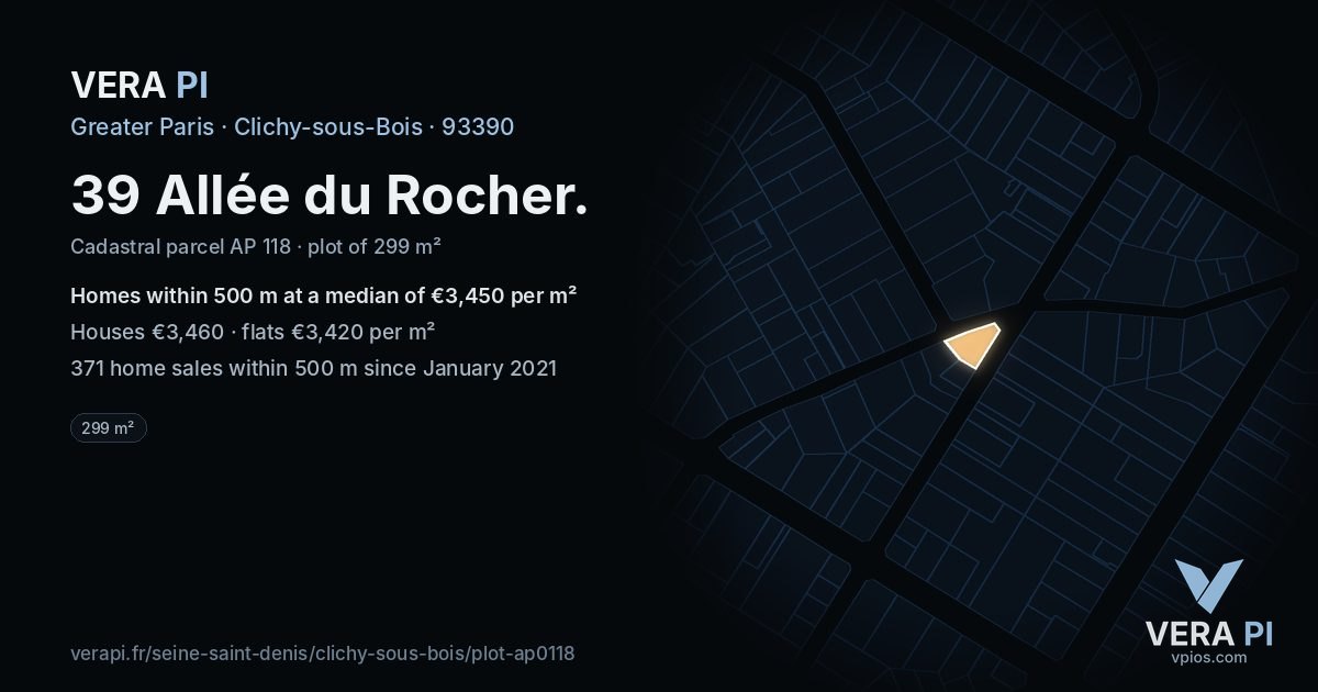 39 Allée du Rocher, Clichy-sous-Bois at night – the plot lit, the parcels around coloured by the prices near them