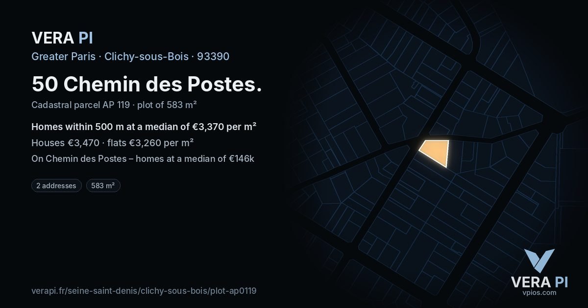 50 Chemin des Postes, Clichy-sous-Bois at night – the plot lit, the parcels around coloured by the prices near them
