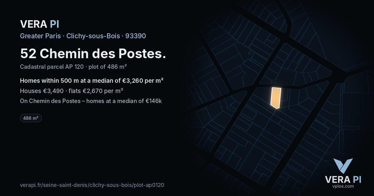 52 Chemin des Postes, Clichy-sous-Bois at night – the plot lit, the parcels around coloured by the prices near them