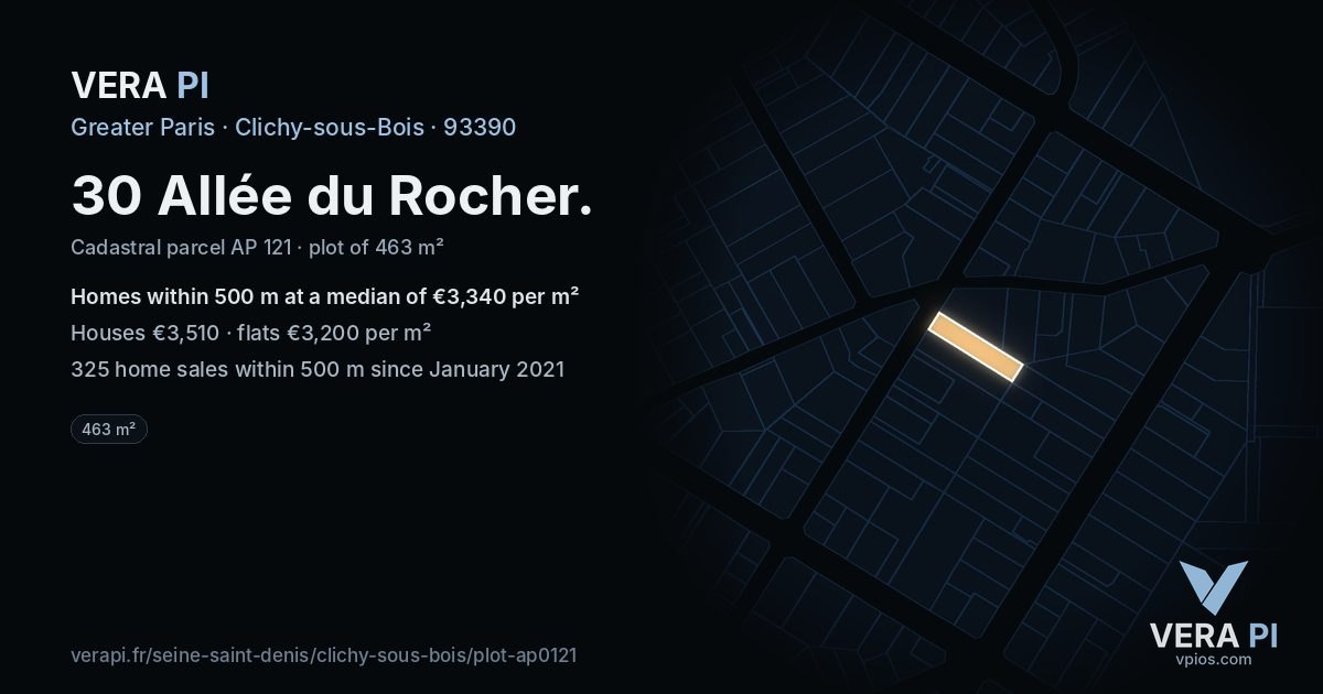 30 Allée du Rocher, Clichy-sous-Bois at night – the plot lit, the parcels around coloured by the prices near them