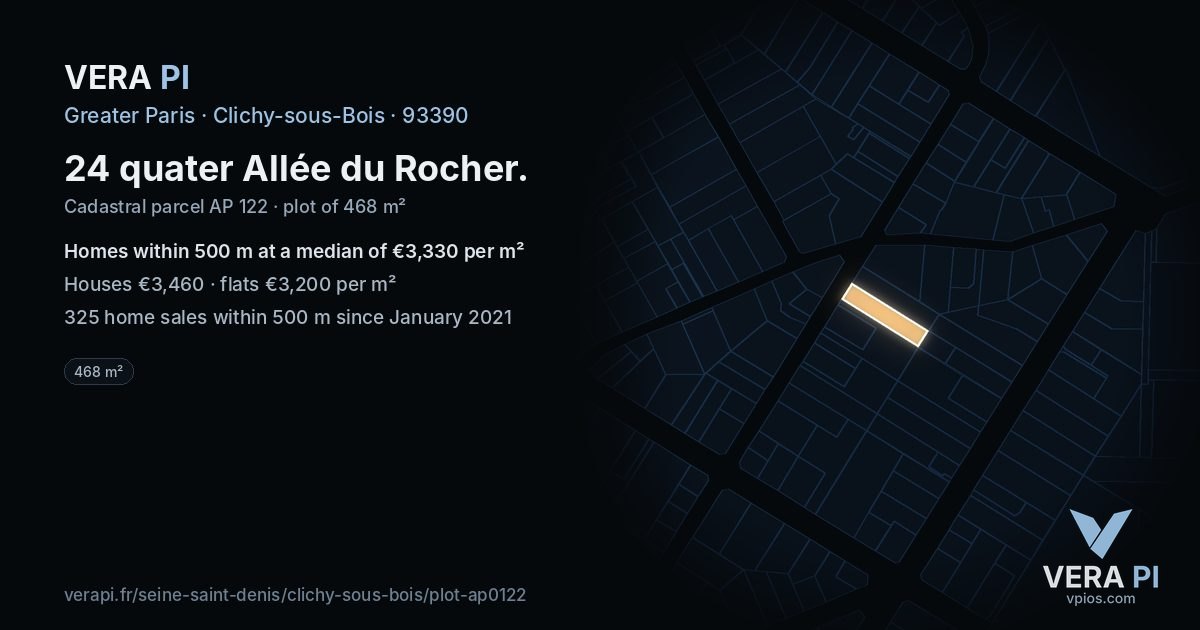 24 quater Allée du Rocher, Clichy-sous-Bois at night – the plot lit, the parcels around coloured by the prices near them