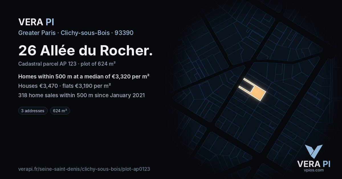 26 Allée du Rocher, Clichy-sous-Bois at night – the plot lit, the parcels around coloured by the prices near them