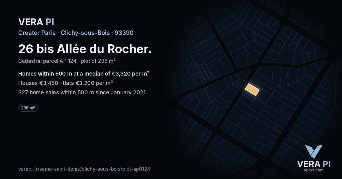 26 bis Allée du Rocher, Clichy-sous-Bois at night – the plot lit, the parcels around coloured by the prices near them